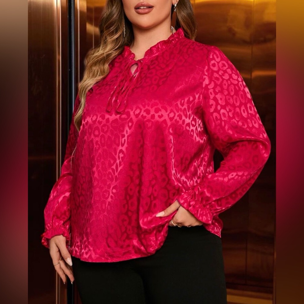 SHEIN Curve Red Satin Leopard Print Long Sleeve Split Neck Blouse Size 0XL Plus
